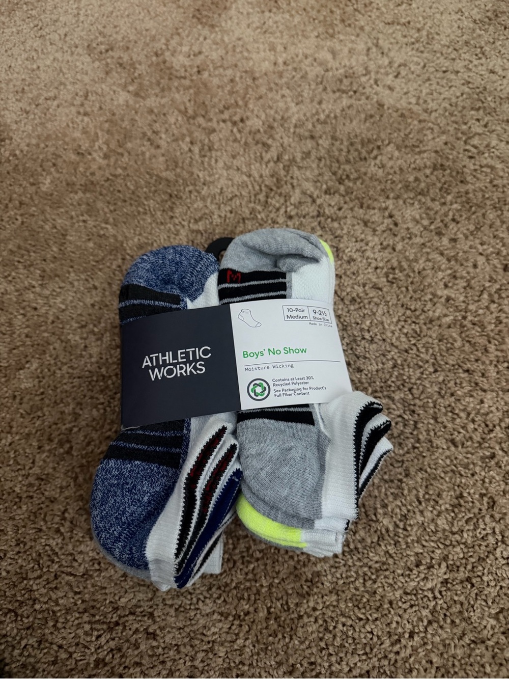 Athletic Works Boys' Moisture Wicking No Show Socks, 10-Pair Pack Medium, 9-2.5